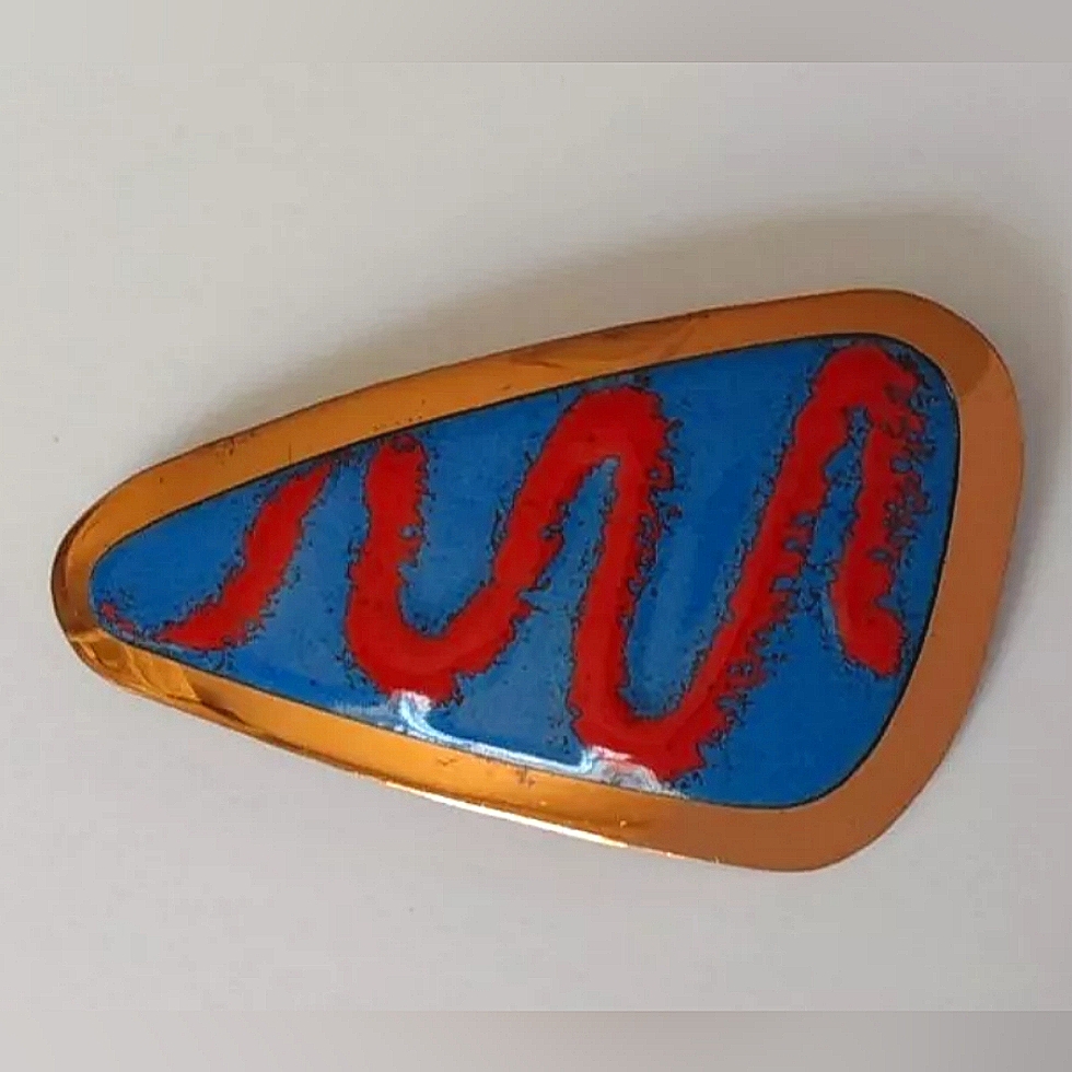 Vintage 50s Squiggle Enamel Copper Brooch Pin Mcm Abstract Red Blue Modernist 30$